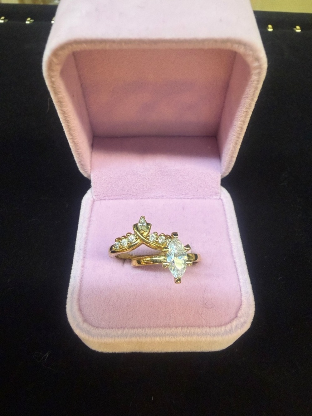 Gold Marquise Solitaire and Accent Ring Set - Pink Velvet Box